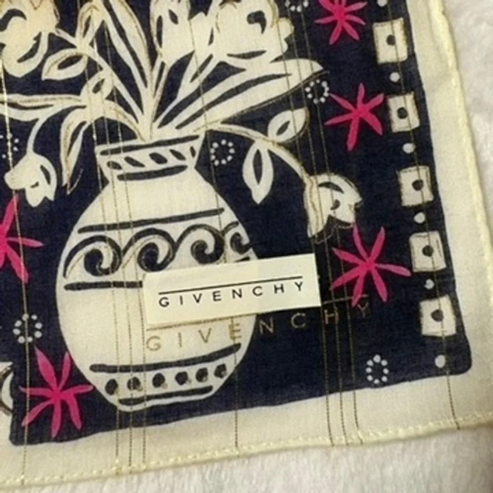 Vtg GIVENCHY Scarf Handkerchief Floral Geometric Pink Navy 18.5